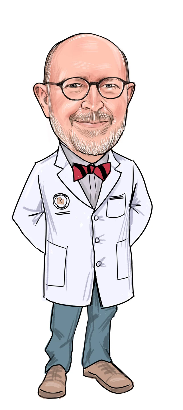 Illustration of Peter Rice in a white laboratory coat and red bow tie